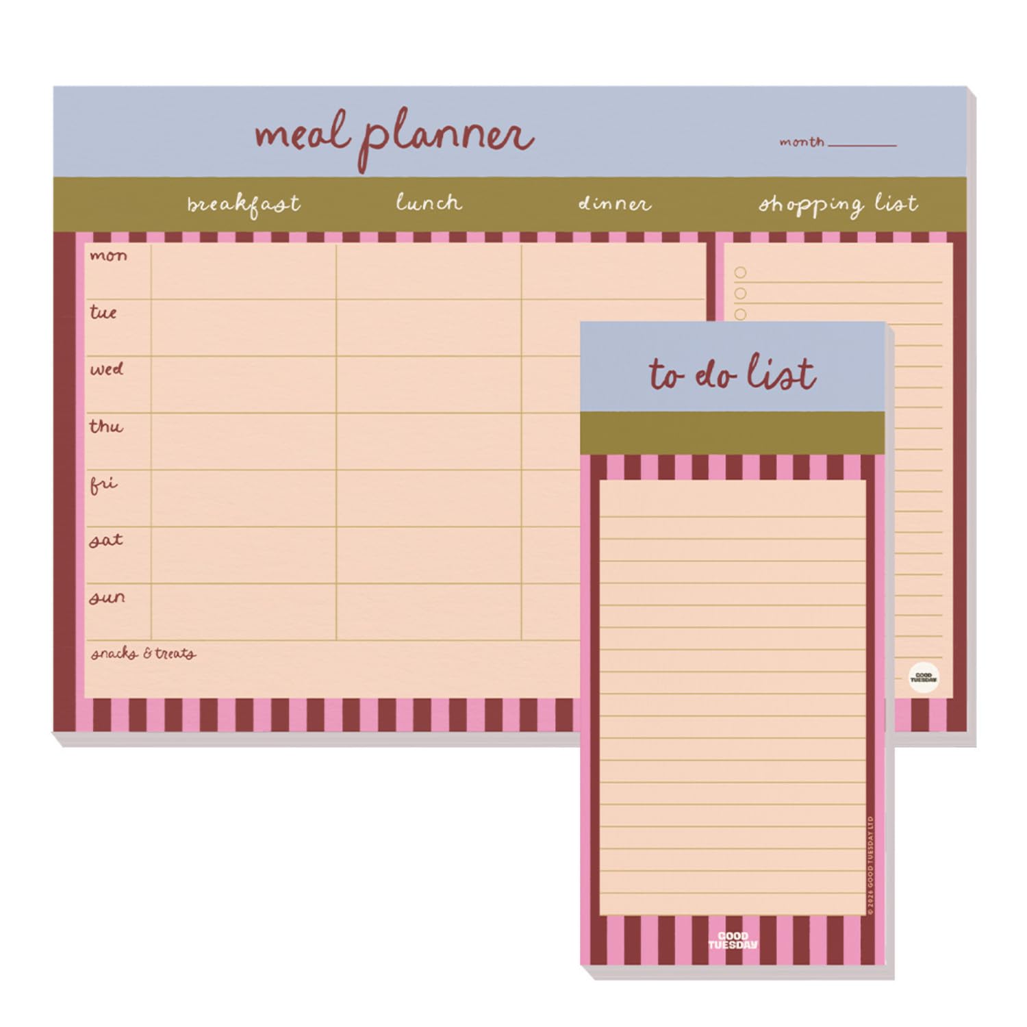 Good Tuesday - Berry Stripe Meal Planner and To Do List Pad Set, A4 29.7 x 21 cm Meal Planner and Slim 21 x 9.9 cm To Do List, 100gsm Recycled Paper, Recyclable, Made in the UK