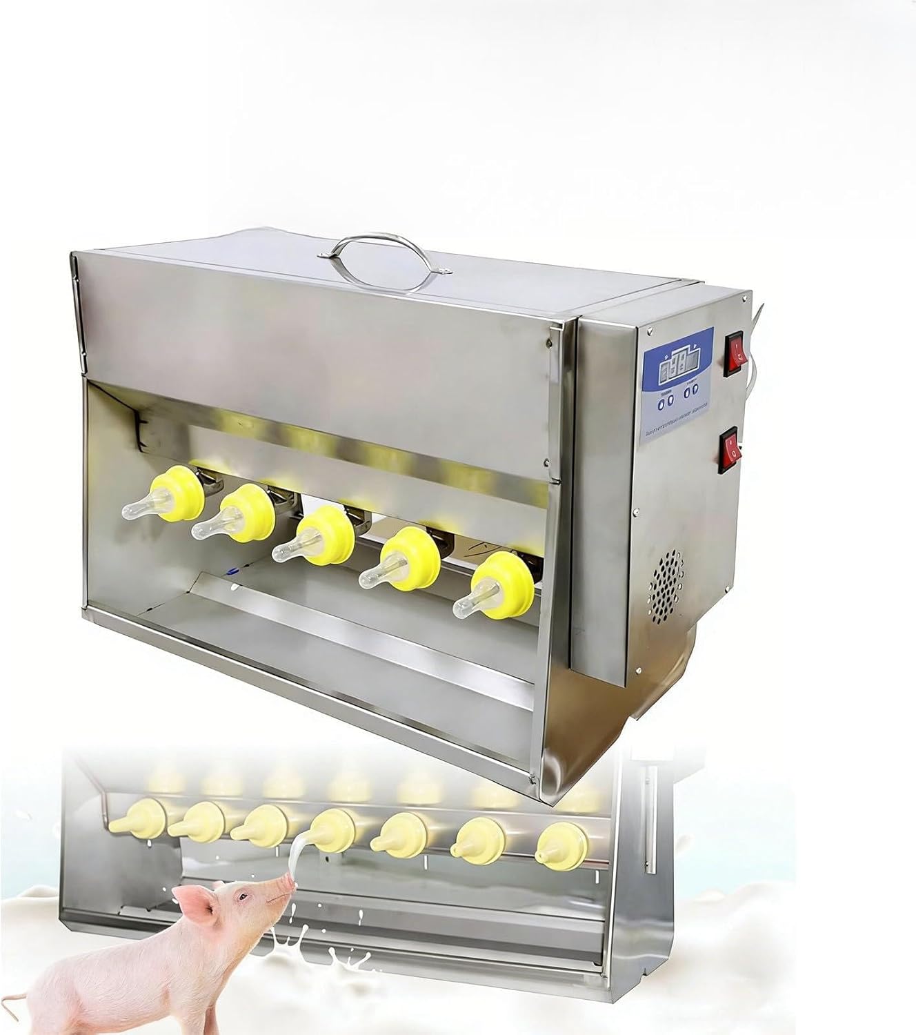 Temperature Controlled Stainless Steel Feeding Station,Automatic Piglet Milk Feeder with 10/14 Nipples,with Sound Source for Piglets/Lambs/Goats 10Nipples