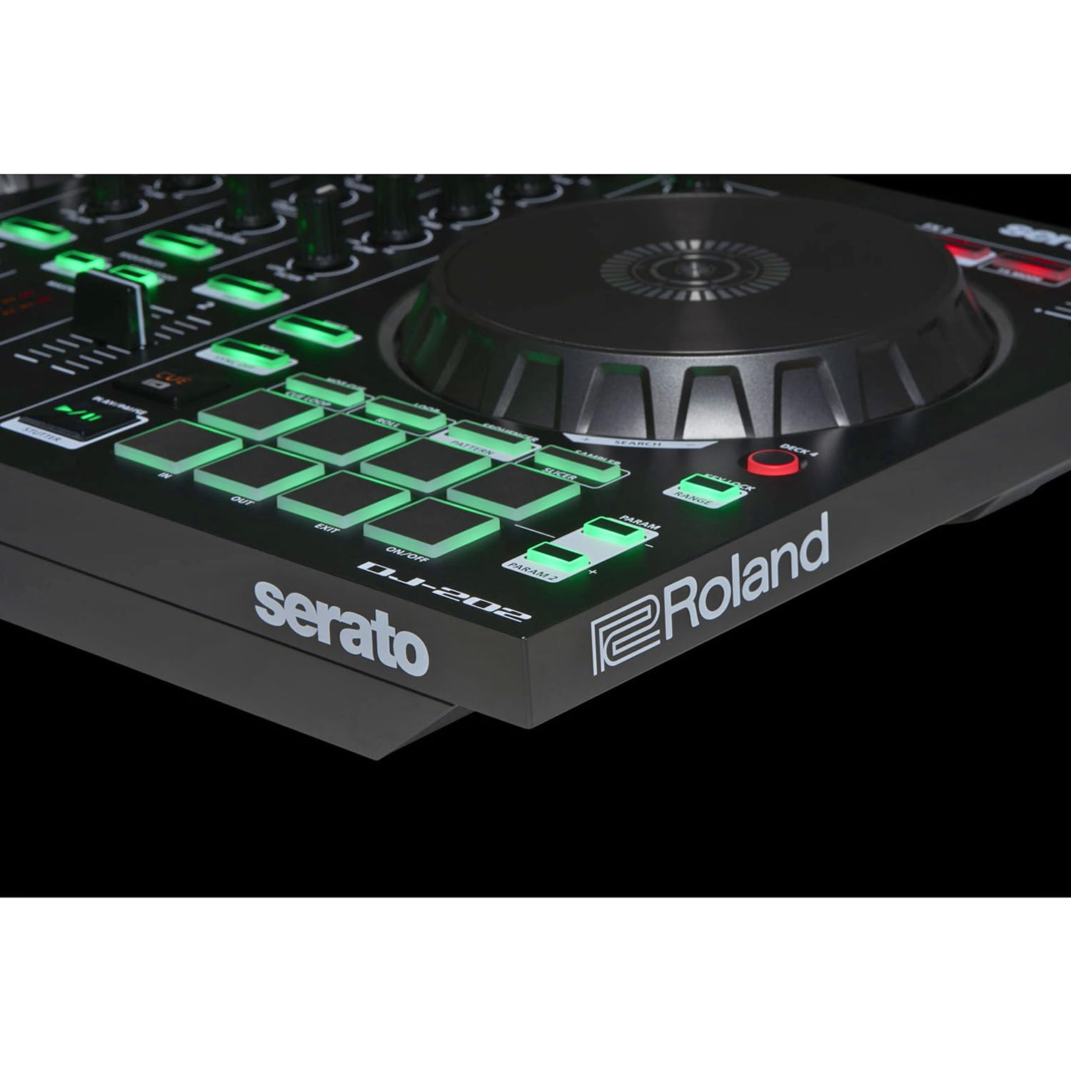 Roland DJ-202 2-Kanal 4-Deck USB-DJ-Controller mit keepdrum Laptopständer Silber