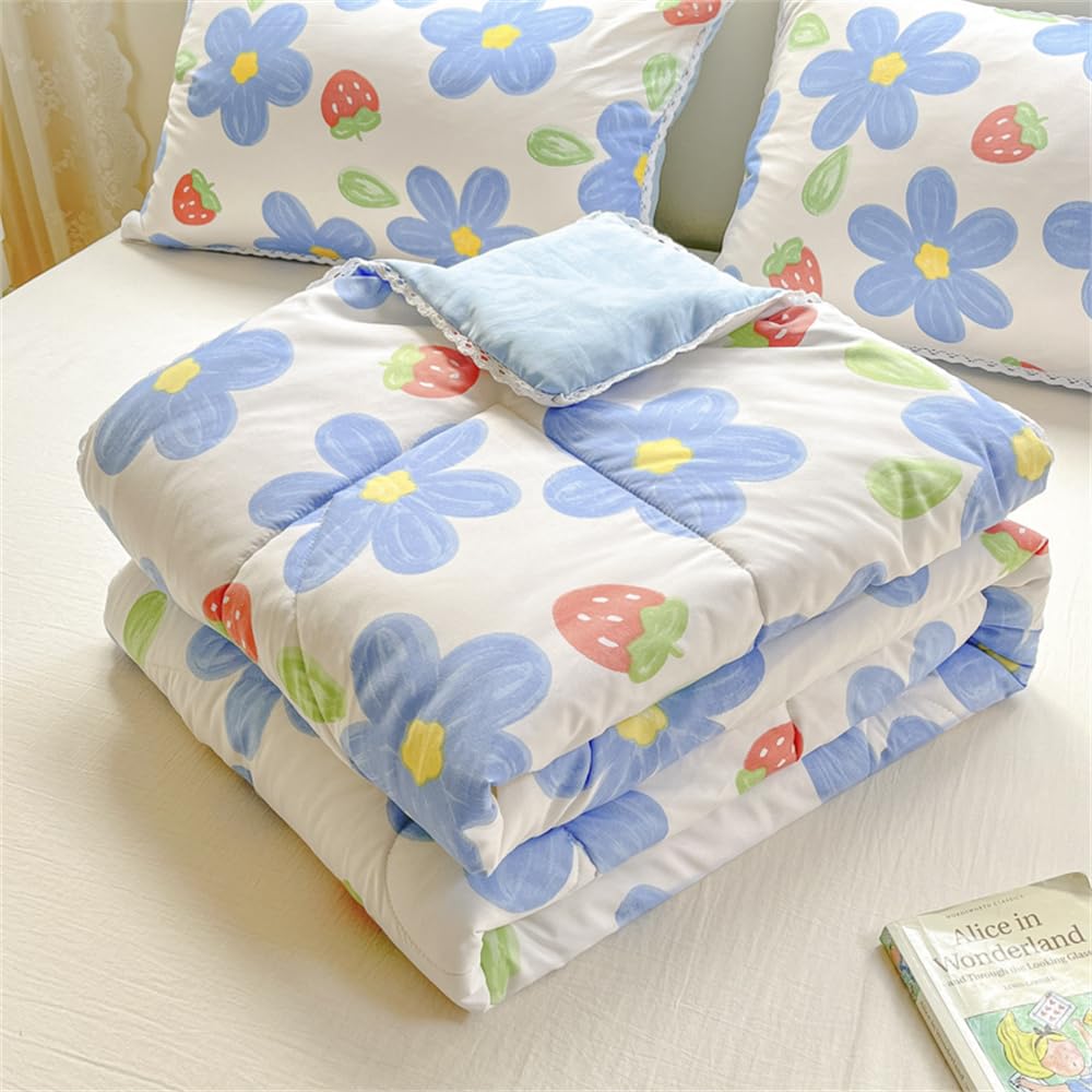 Surwin Colcha Bouti Reversible Verano Primavera, Colcha Fina para Cama 90 o Cama 135, Cubrecama Acolchado con Estampado Floral Nórdico Microfibra Ligero Manta Multiusos (Flores De Fresa,150x200cm)