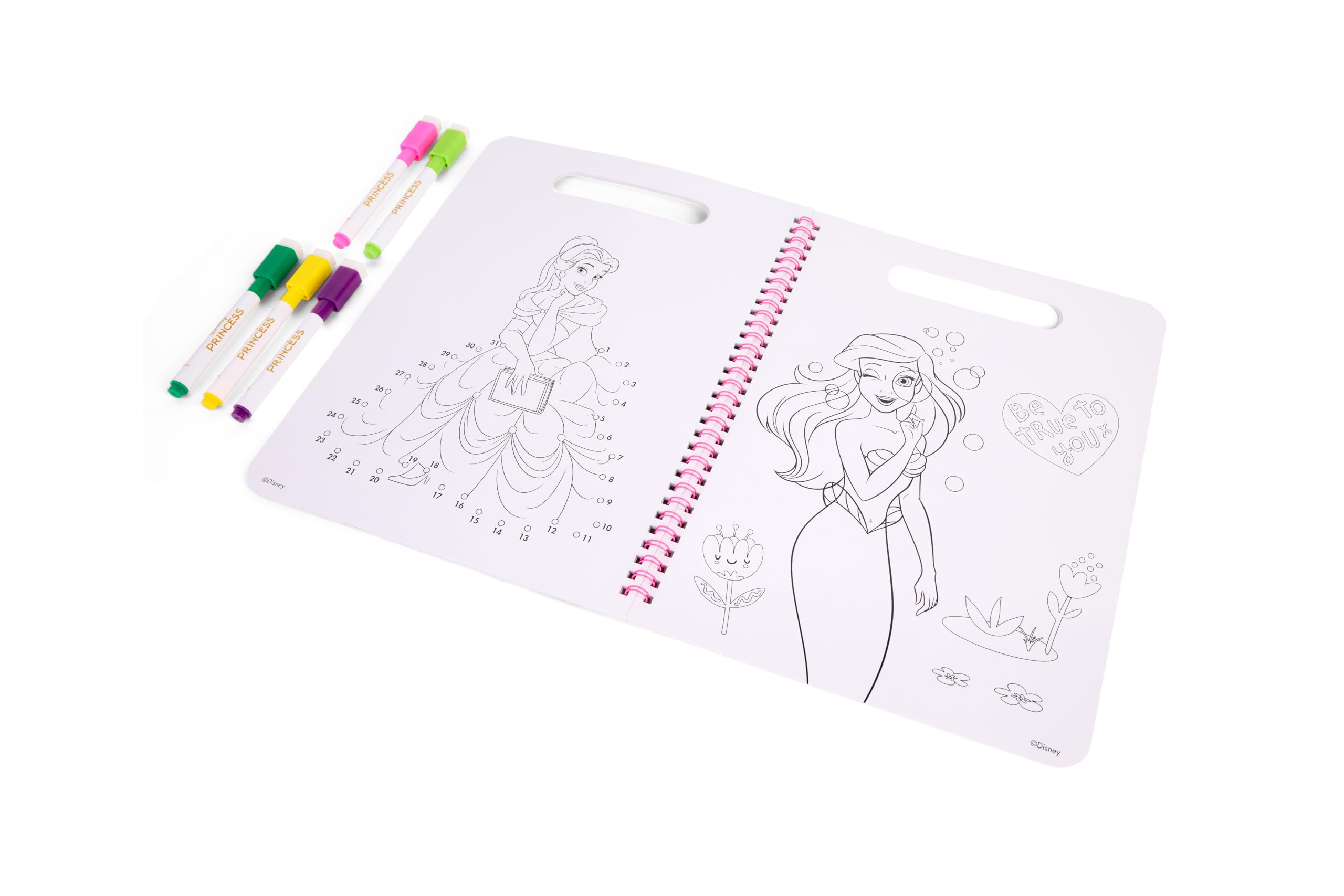 Disney Princess Wipe-Clean zestaw do ćwiczeń, kolorowanka wielokrotnego użytku, 40 stron, w zestawie 5 zmywalnych pisaków, blok spiralny dla dzieci od 3 lat, zabawka edukacyjna do kolorowania i