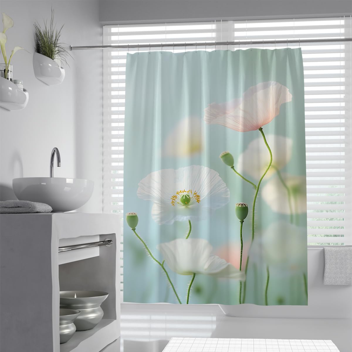 UIRINGART Fresh Mint Poppy Shower Curtain W200xL240cm Light Green White Floral Design Mildew Resistant Water Repellent Bath Curtains Bathroom Decor With Hooks