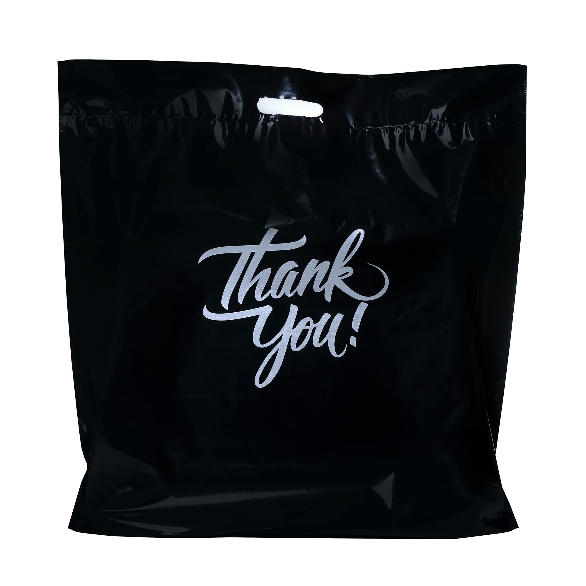 Infinite Pack Black 20"x20"(100pcs) Thank You Merchandise Bags, Die Cut Handles, Retail Shopping Bags for Boutique, Goodie Bags, Gift Bags Bulk, Favors, 2 Mil Reusable Plastic Bags