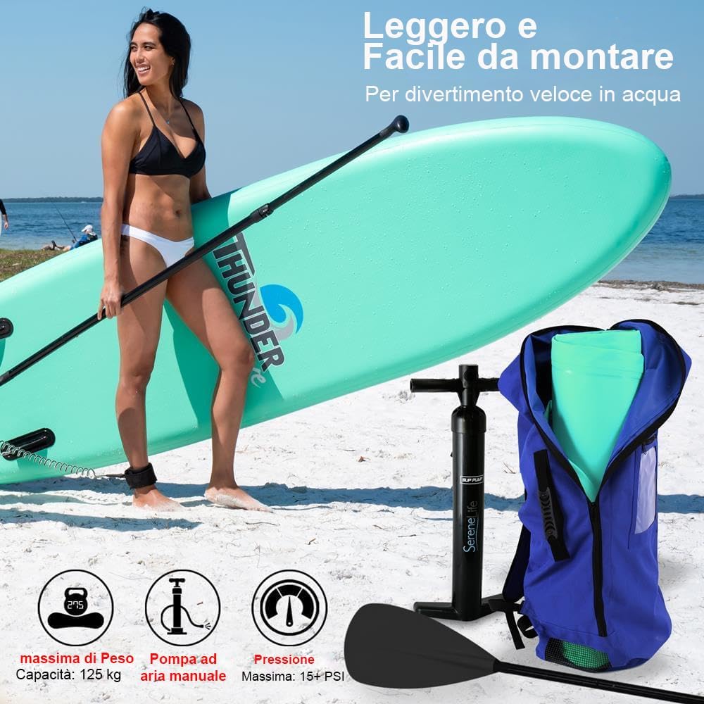SereneLife Stand up Paddle Board Gonfiabile - Pagaia SUP Antiscivolo, Pompa, Cordino di Sicurezza e Accessori Giovani