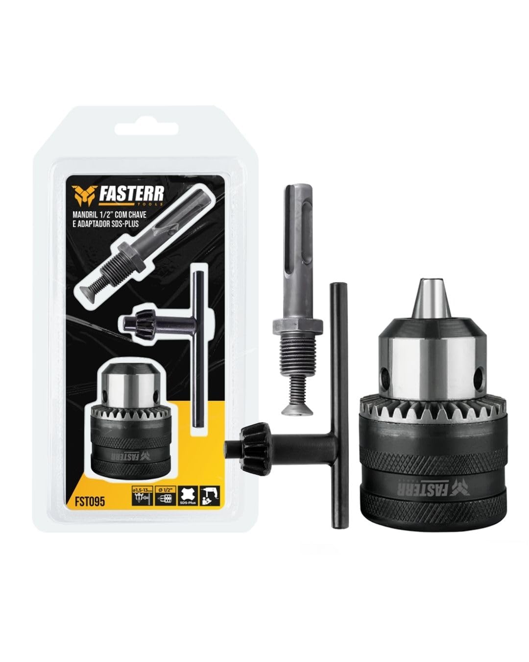 Fasterr Mandril com Adaptador SDS Plus FST095 1/2" para Brocas de 1,5 a 13mm com Chave de
