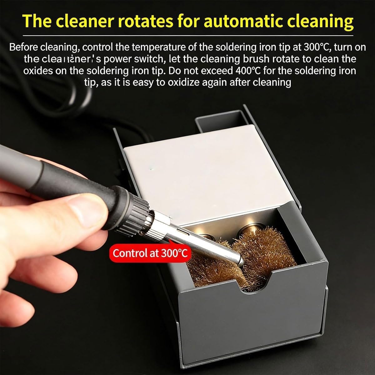 Automatic Rotating Soldering Iron Tip Cleaner - 5W Motorized with Copper Brush & 2 Replaceable Brass Wool Brushes for Efficient Welding Iron Tip Maintenance