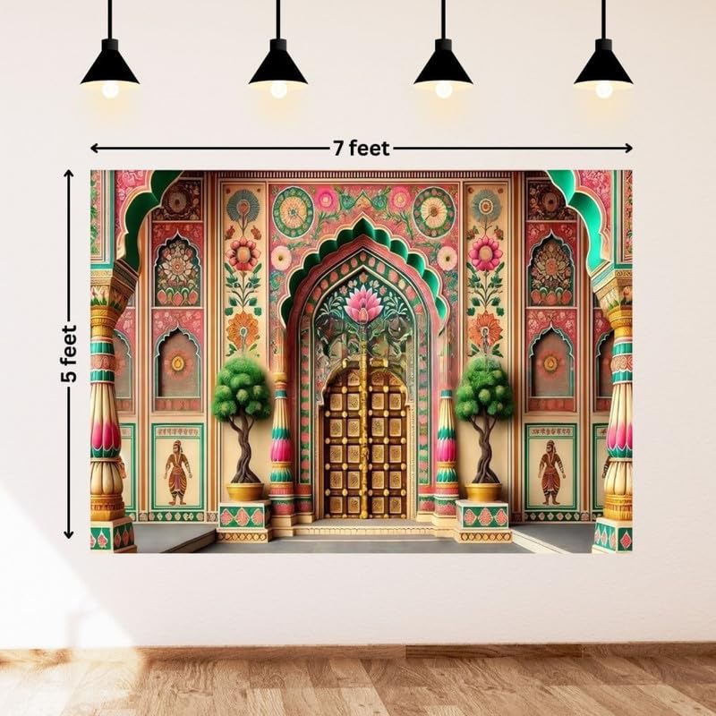 Image of Royal Green Traditional Decorative Backdrop with Floral Motifs and Architectural Design