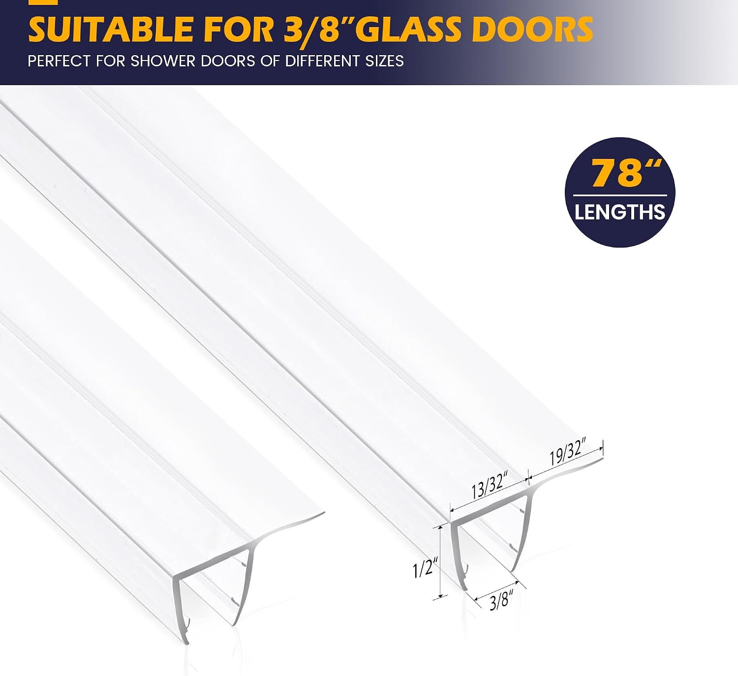 Shower Glass Door Side Seal, 2PCS 78 Inch Ultra Clear PVC Seal Strip with Long Sweep for 3/8"(10mm) Thick Framless Glass Door, to Stop Water Leakage