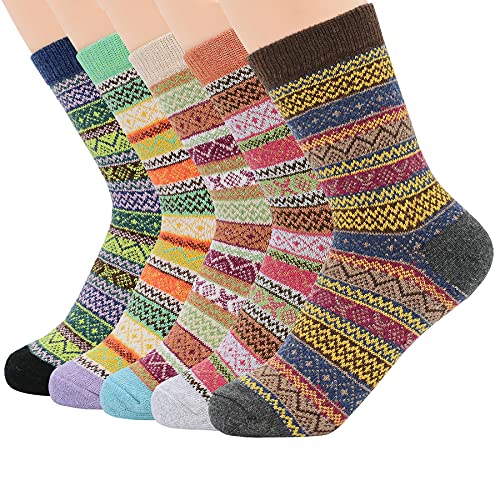 Zando Athletic Sports Knit Pattern Womens Winter Socks Crew Cut Cashmere Retro Thick Warm Soft Wool Socks 5 Pack - Assorted Stripe Shoe Size 6-11