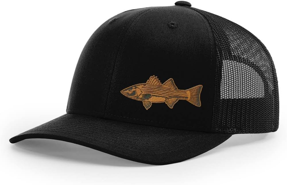 Striper Striped Bass Fishing Hat Laser Engraved Leather Patch Richardson 112 Snapback Trucker Cap