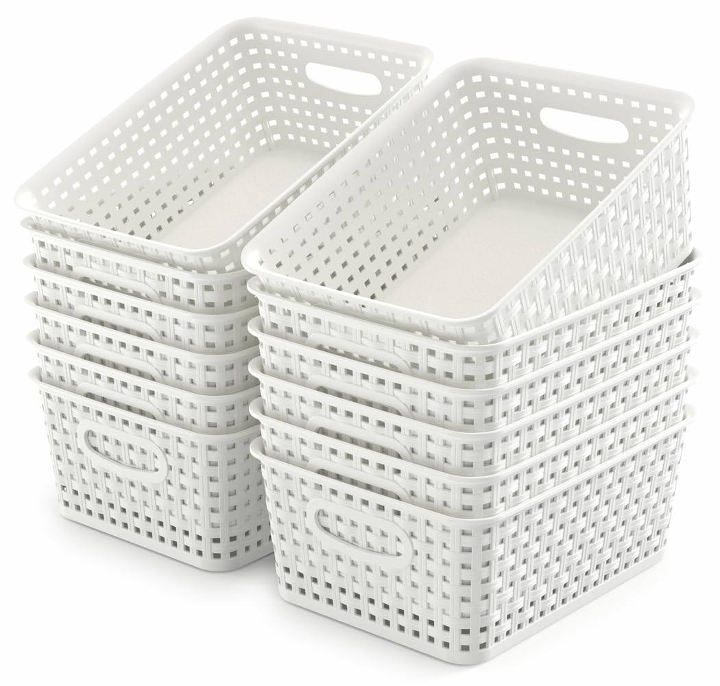 WYT 12-Pack Plastic Small Shelf Storage Weave Baskets for Organizing, White
