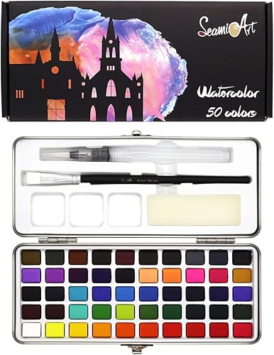 Juego de pintura de acuarela para adultos y niños, 50 colores vivos en caja de regalo con pincel de agua para artistas y niños, kit de paleta de