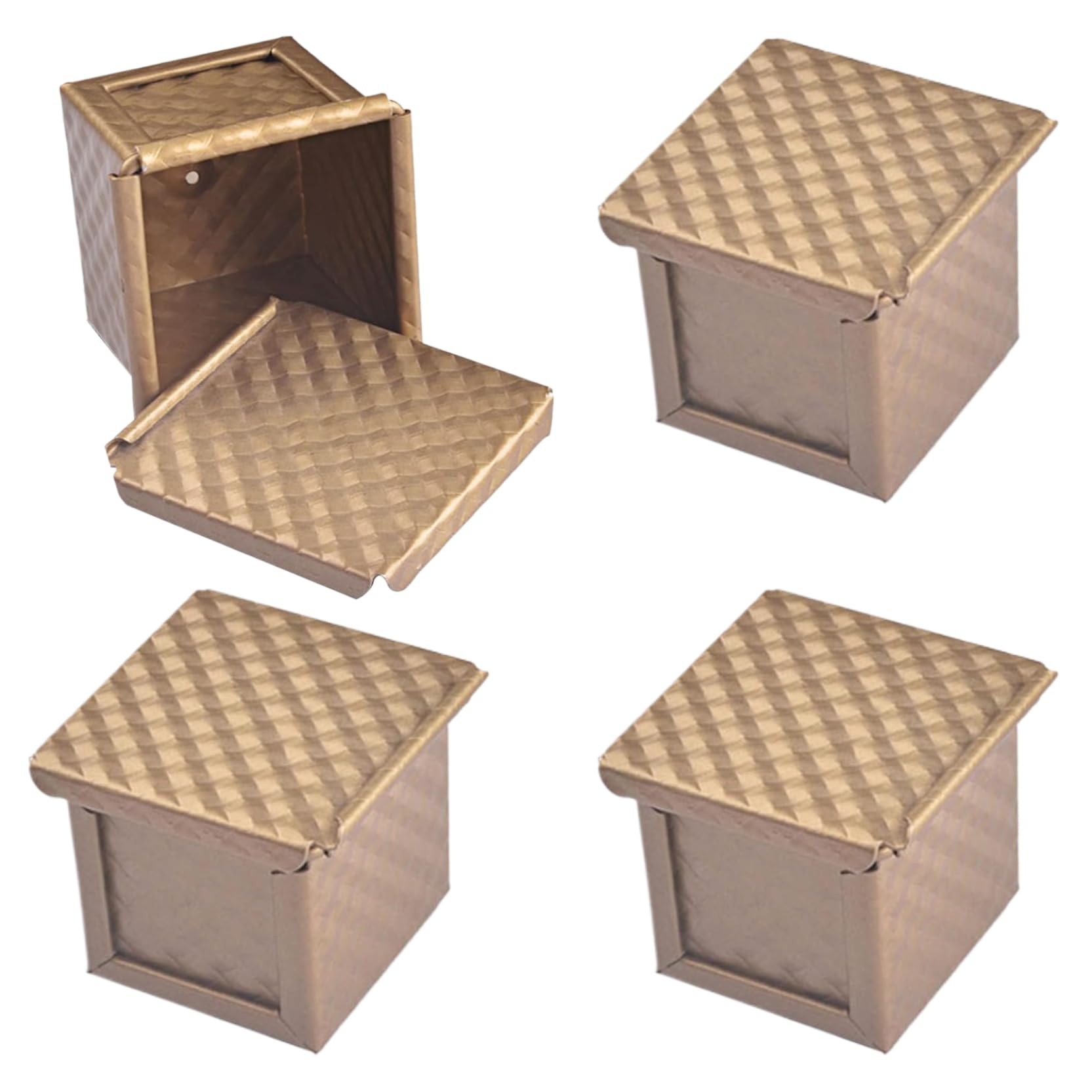 Pullman Molde para pan con tapa, 4 moldes para pan en forma de cubo, antiadherente, para hornear , mini moldes corrugados de 2, 4 x 2, pulgadas con orificios de ventilación inferiores, caja de..