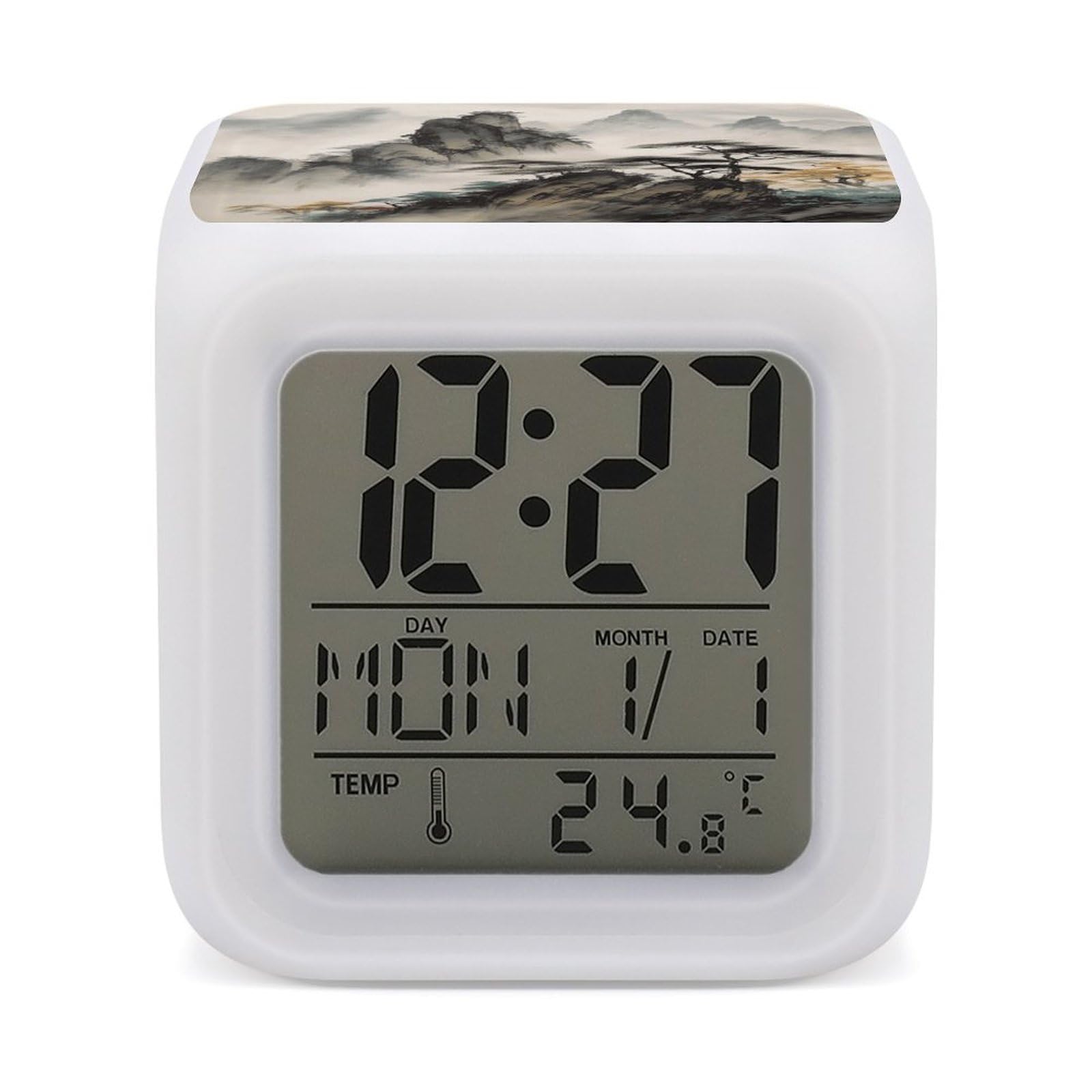 VstaDank Chinese Landscape Painting Digital Alarm Clock LED Display Screen Color Change Alarms Clock Smart Alarm Clock Wake Up Digital Clocks with 7 Color Nightlight for Bedroom