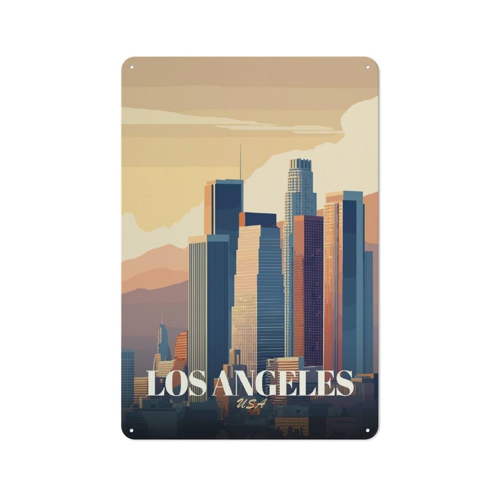 Junmoney Style Los Angeles Cityscape Illustration(3) Printed Metal Sign 30X20cm For Garage Wall, For Collectors Of Vintage Metal Wall Decor