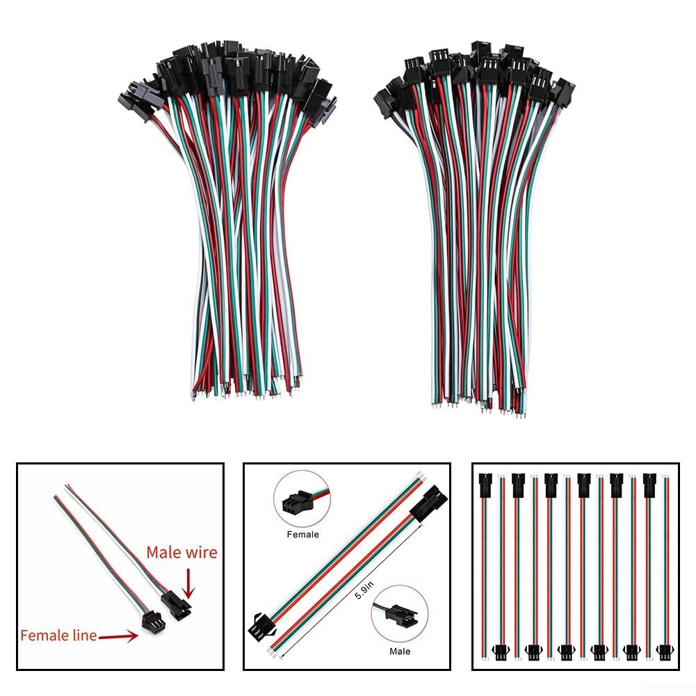 30 Paar JST SM 3-Pin-Steckverbinder mit 15 cm Kabeln – Stecker/Buchse LED-Streifen-Steckverbinderset für WS2812B, WS2811, SK6812, 20 AWG-Draht enthalten
