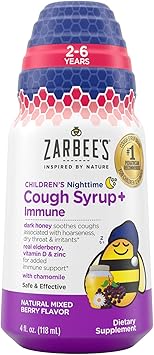 Zarbee's Kids Cough + Immune Nighttime for Children 2-6 with Dark Honey, Vitamin D & Zinc, 1 Pediatrician Recommended, Drug & Alcohol-Free, Mixed Berry Flavor, 4FL Oz