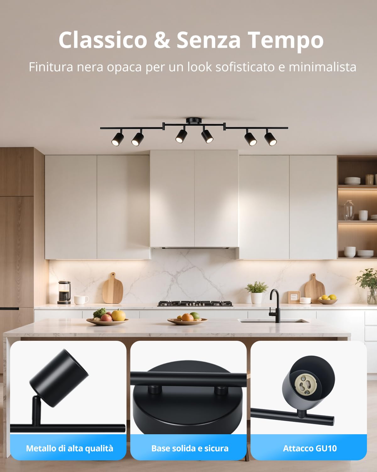 Gr4tec Faretti LED da Soffitto Orientabili 6 Luci, Moderna Binario Faretti GU10, Faretto LED Interno Nero, Lampadario da Soffitto per Soggiorno Cameretta Cucina, Senza Lampadine