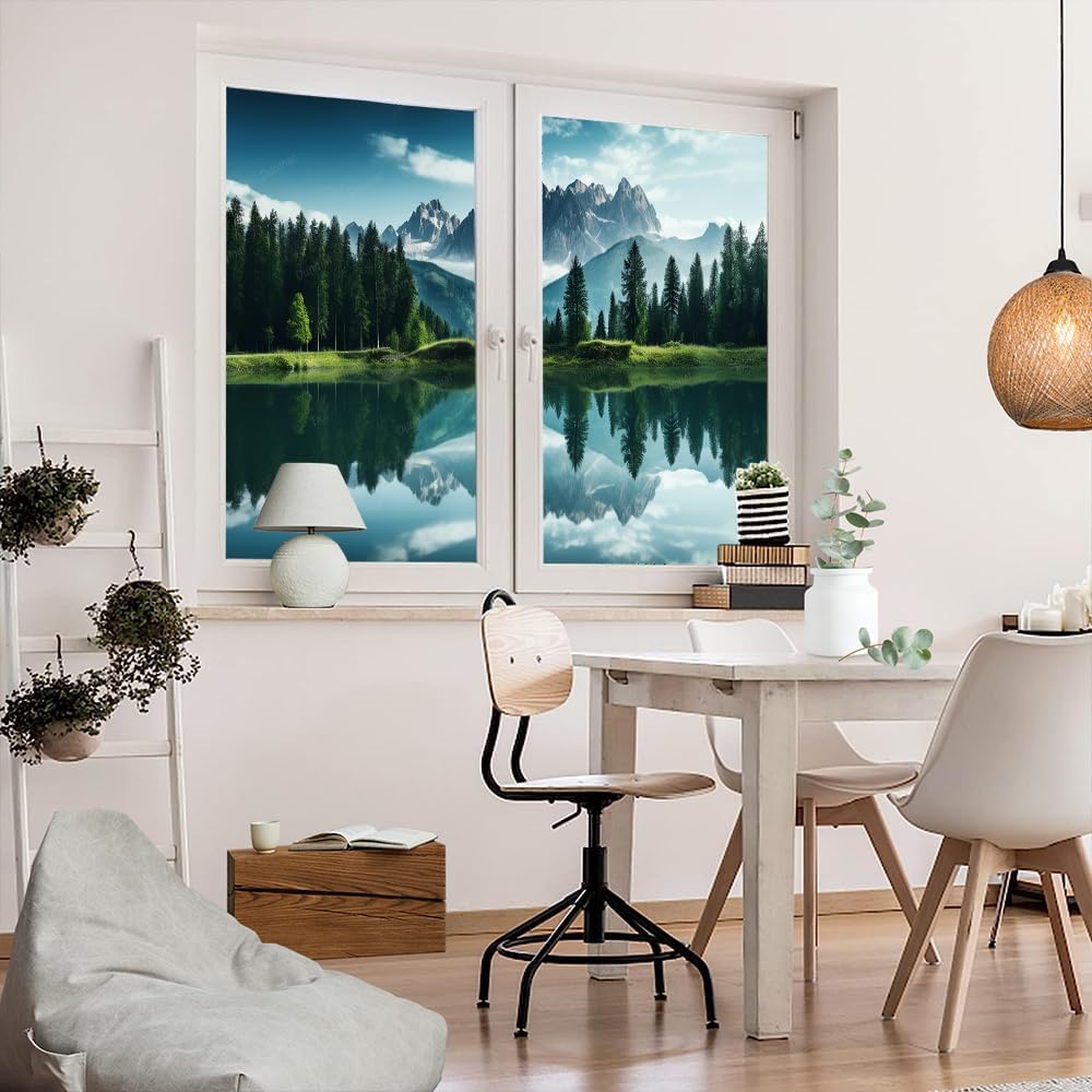 Beautiful Lake Scenery Window Privacy Film Country Tree Nature Mountain Stained Glass Window Coverings No Glue Static Cling Window Film for Home Office Stores 17.7Wx23.6L-inch x2 Pcs