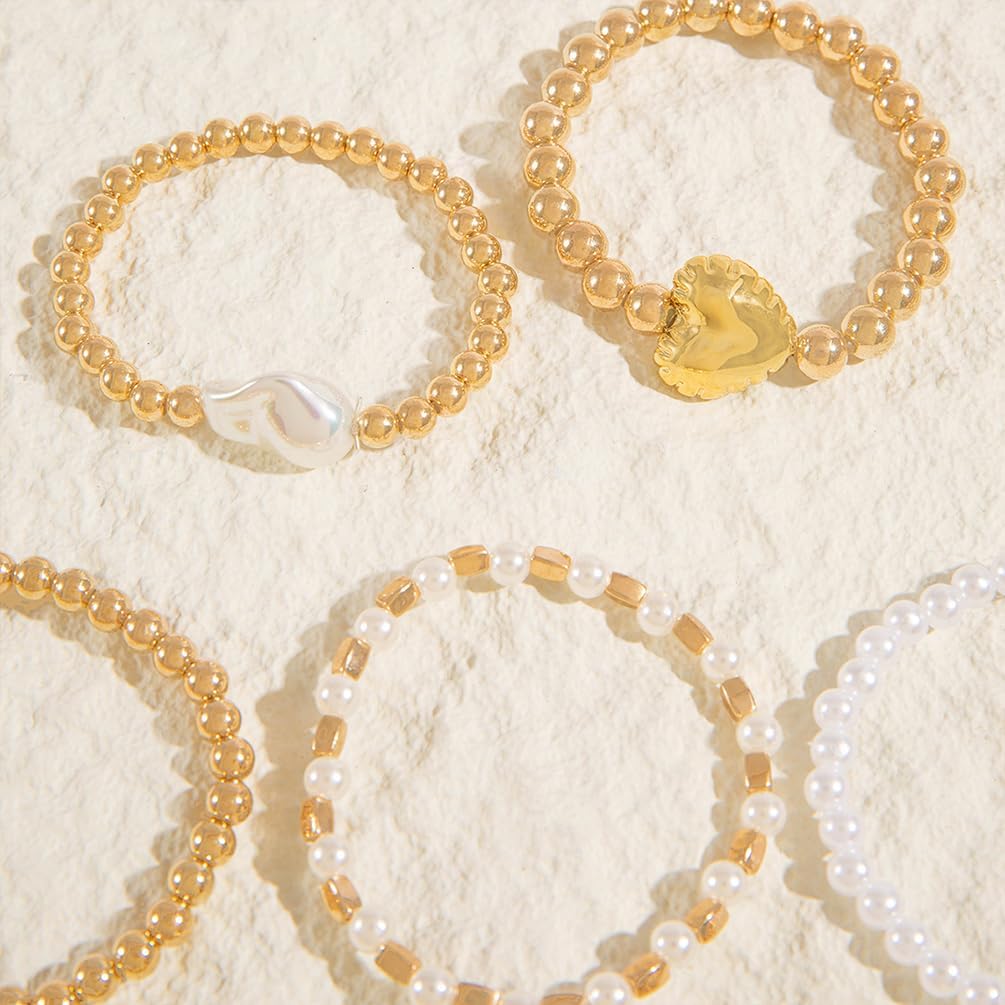 Trendy Stackable Puffy Heart Pearl Gold Beaded Stretch Bracelets for Women, Charm Round Disc Beads Baroque Pearls Bracelet Boho Party Jewelry Set Gift (Gold) - Image 6