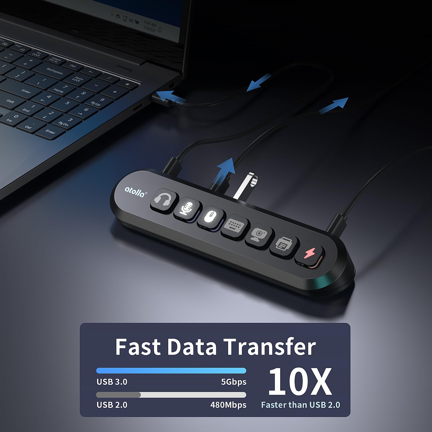 atolla Hub USB alimentado de 7 puertos, 4 USB-A 3.0 + 2 USB-C 3.0 + 1
