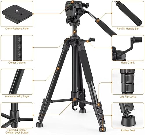 Miniatura 6 de Smvchen Trípode de cámara de 748 pulgadas con clip de teléfono para cabeza fluida 2 placas de liberación rápida 3 pies de metal para cámara DSLR