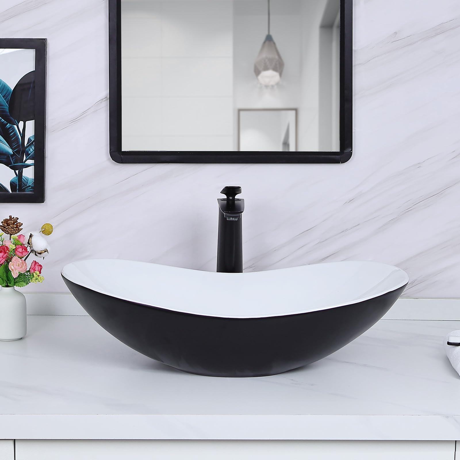 Davivy 24.5'' X 13.8'' Large Matte Black Oval Vessel Sink with Pop Up Drain,Boat Shape Ceramic Bathroom Vessel Sink,Bathroom Sinks Above Counter,Matte Black and White Vessel Sink for Bathroom (Large)