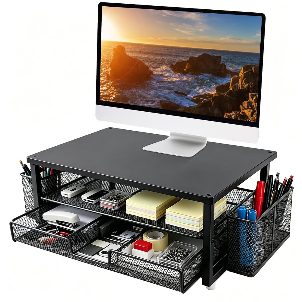 Supporto per monitor, scrivania rialzata con cassetto e portapenne, organizzatore da scrivania ergonomico a 2 livelli, stabile supporto per computer portatile, PC, stampante, scanner (nero)