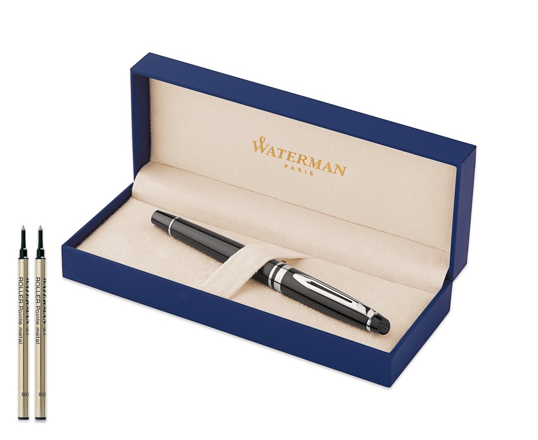 Waterman Expert Rollerball Pen - Black Chrome Trim with Black Refills (Pack of 2)