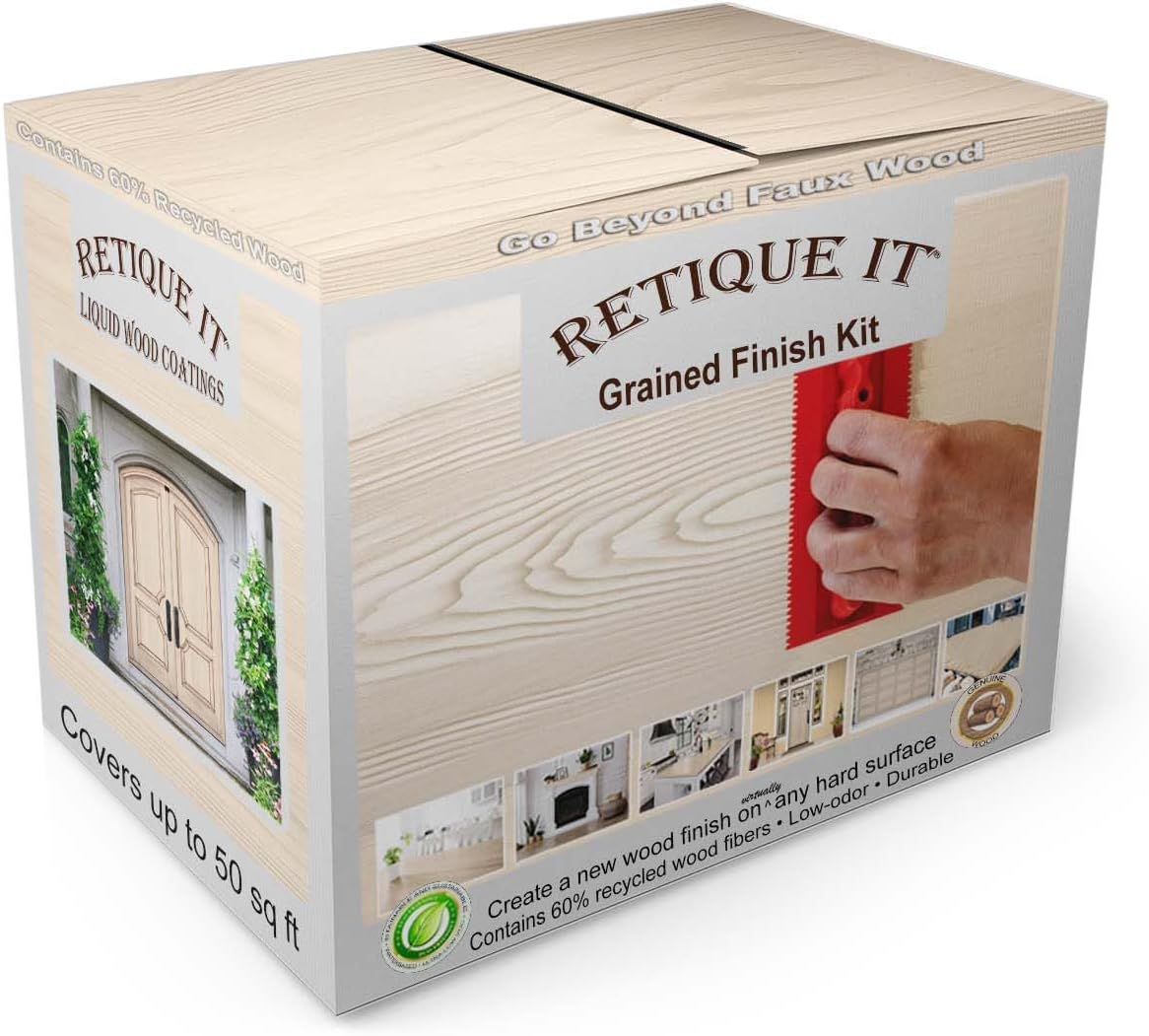 Retique It Wood Finish Multi-Purpose Kit – GO Beyond Faux Wood with Paintable Liquid Wood Based Primer and Gel Stain - Graining Tools Included (32 Oz, Pickled Oak)