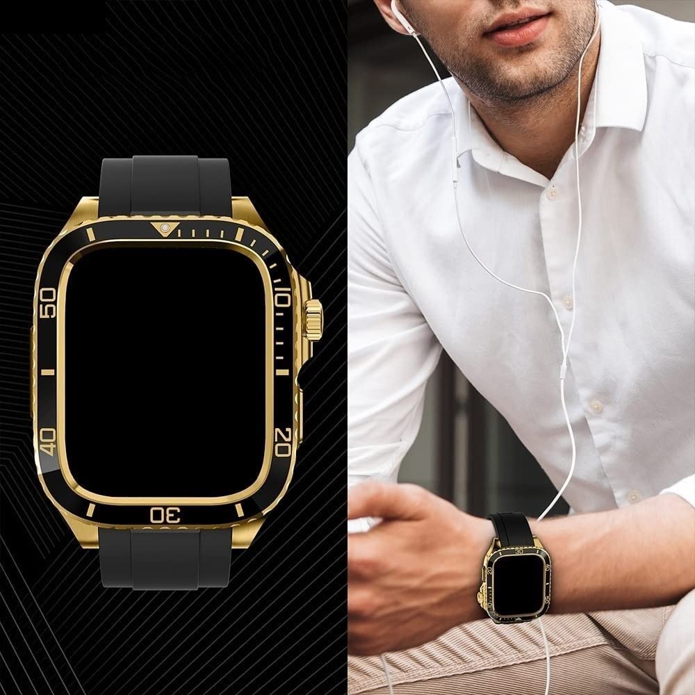 EZZON Etui do zegarka ze stali nierdzewnej męskie paski silikonowe, do Apple Watch serii 8/7 45 mm 44 mm, zestaw doposażenia metalowa rama zintegrowana bransoletka zegarek akcesoria zamienne