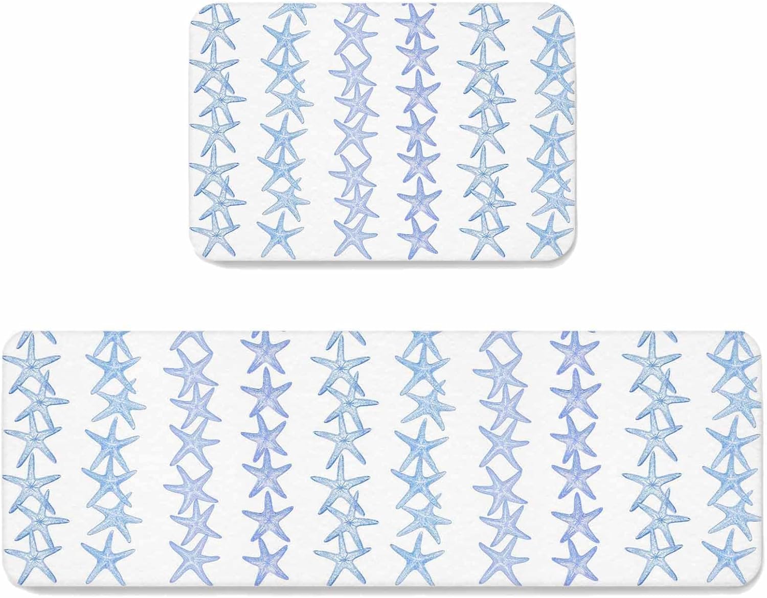 Summer Ocean Life Kitchen Mat Set 2 Pieces Watercolor Blue Starfishes Coastal Simple Non Slip Kitchen Rugs Washable Runner Rug Mats for Floor Sink Laundry Office 19.7" x 31.5"+19.7" x 47.2"