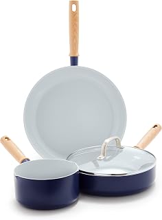 GreenPan Hudson Healthy Ceramic Nonstick, 4 Piece Cookware Pots and Pans Set, Vintage Vintage Wood Inspired Handle, PFAS-Free, Dishwasher Safe, Navy Blue