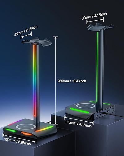 Miniatura 4 de New Bee Soporte para auriculares RGB con 2 puertos de carga USB-C y 1 USB, soporte para auriculares de escritorio para juegos con 7 modos de luz y