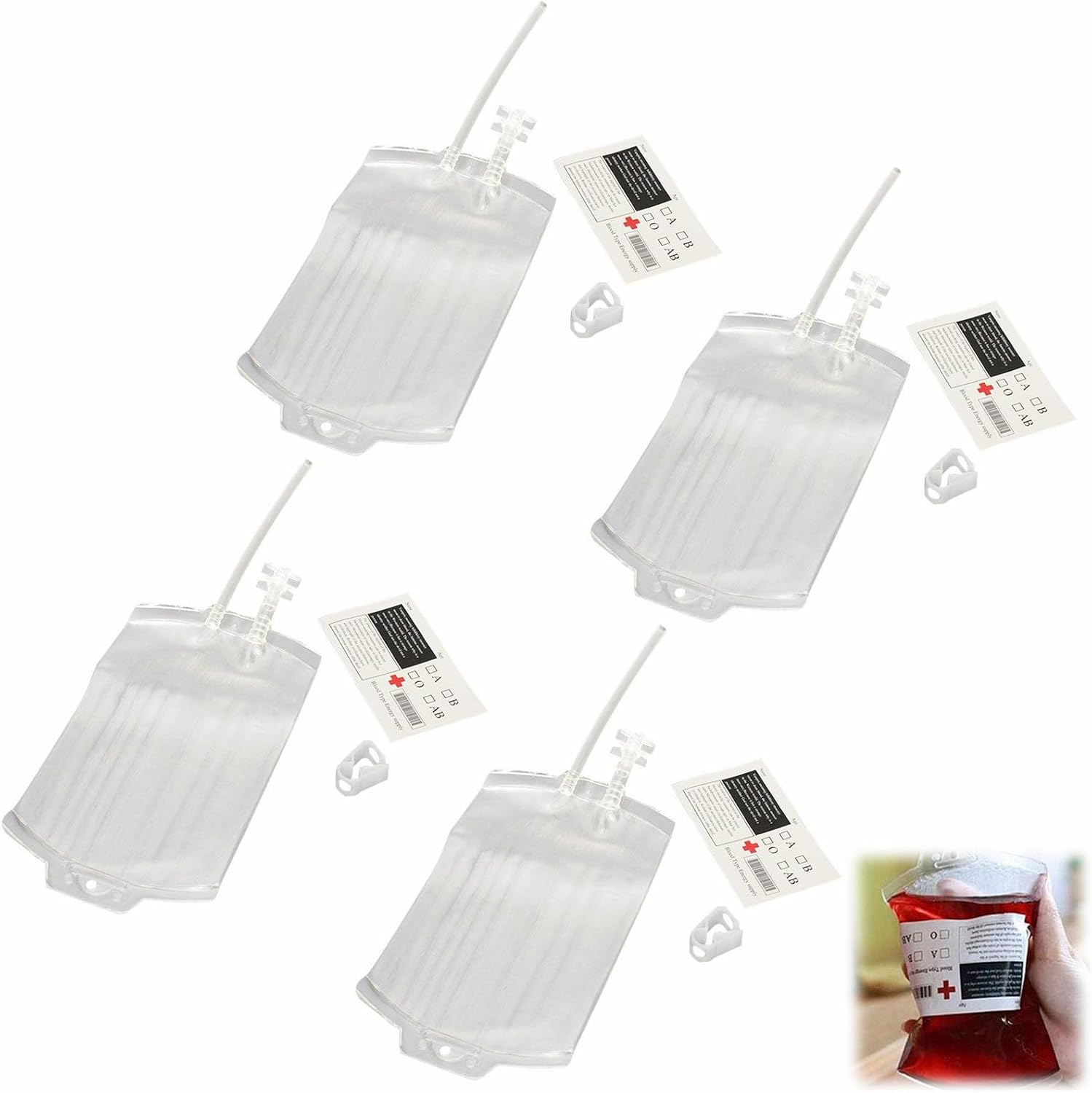 Halloween Infusion Bag Blood Bag Halloween Drinking Vessel Blood Bag Reusable Infusion Bag Halloween Drinking Vessel Halloween Blood Donation Bag with Syringe Clips Blood Type Sticker 4 Pieces