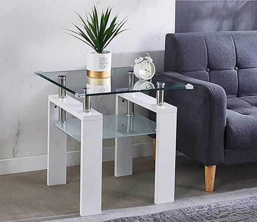 Miniatura 8 de 2 mesas auxiliares de cristal con patas de madera para sala de estar mesas auxiliares contemporáneas con almohadillas de esquina de seguridad mesa