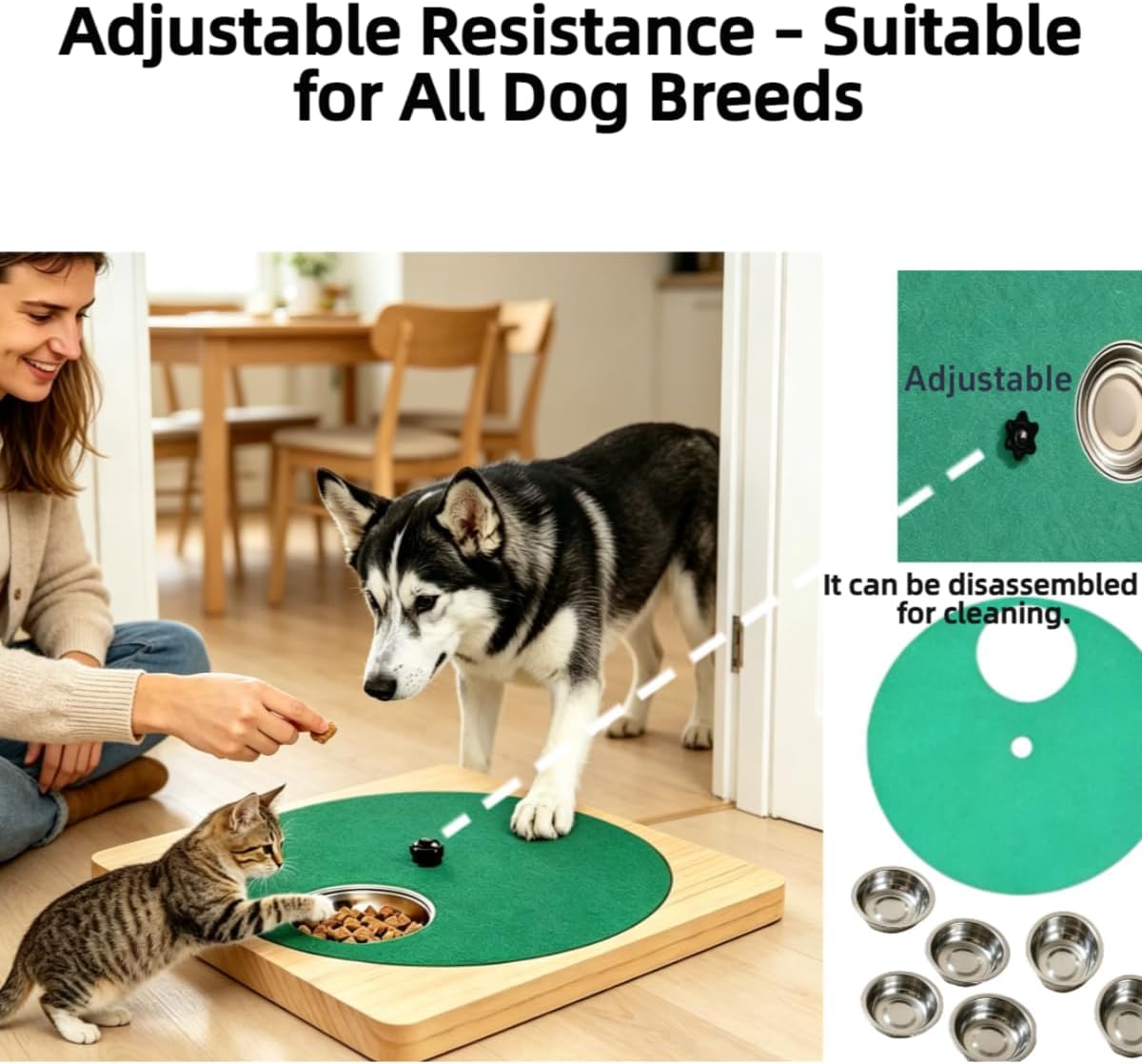 Adjustable Resistance Dog Nail Scratch Board with Stainless Steel Treat Bowls, Non-Slip Wood Interactive Nail File Pad for Stress-Free Paw Care & Slow Feeding – 1050g