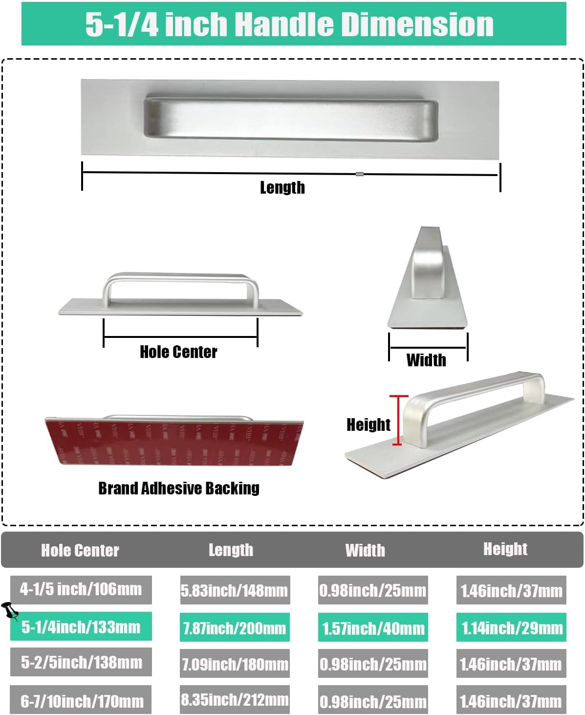Skyscraper Self-Stick Instant Kitchen Cabinet Bathroom Drawer Closet Door Handle Pulls 2pcs/Set (133mm, Silver)