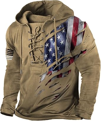 RTTUIOP Mens Long Sleeve Outdoor Military Tactical Retro Distressed American Flag Print LaceUp Pullover Hooded Sweatshirt