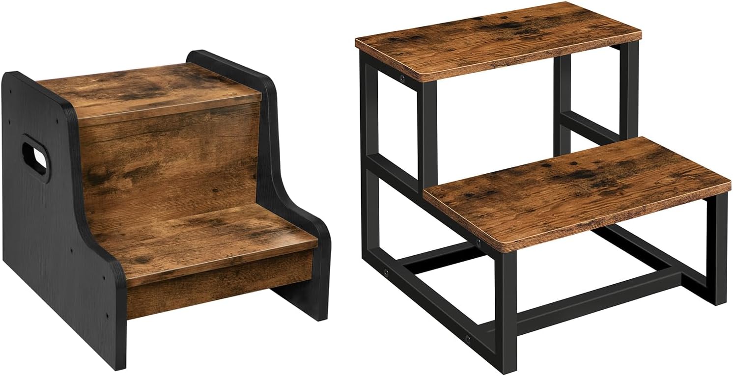 HOOBRO Step Stool for Kids, Two Step Toddler's Stool, Kids Potty Training Stool with Handles, Non-Slip Pads for Safety, Easy to Move, for Sink, Bathroom, Bedroom, Rustic Brown BF01JD01G1- BF12JD01