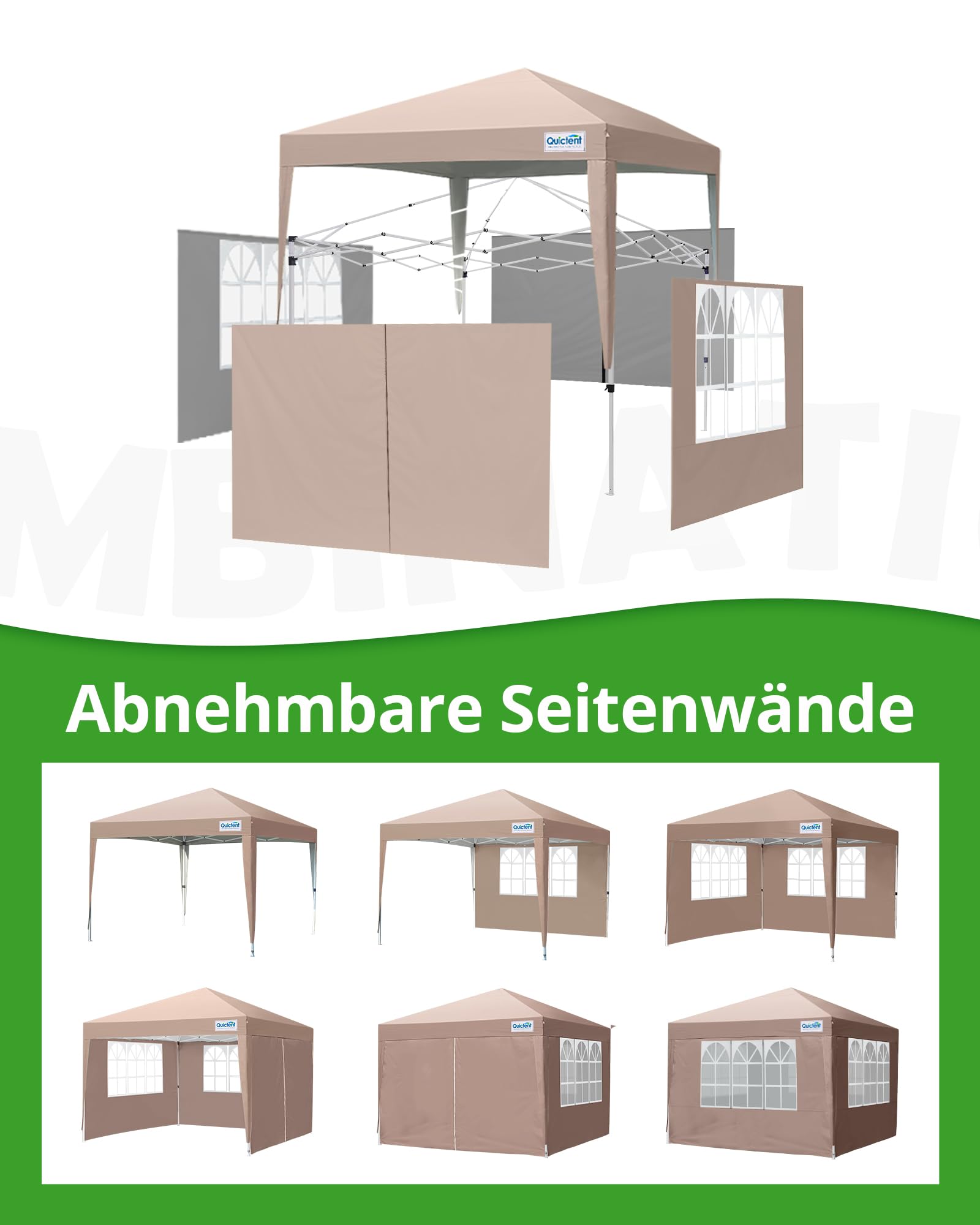 Quictent Pavillon 3x3m Faltpavillon mit 4 Seitenteilen, Wasserdicht Gartenpavillon mit Rolltasche,Partyzelt Gartenzelt für Fest und Flohmarkt, Beige