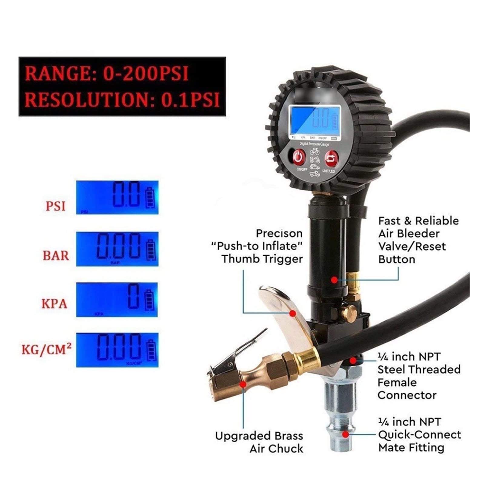 Wskaźnik ciśnienia w oponach Cyfrowy tester opon 200PSI Wyświetlacz LCD Manometr ciśnienia powietrza Szybkozłączka do samochodów ciężarowych motocykl (kolor: czerwony) (czarny)