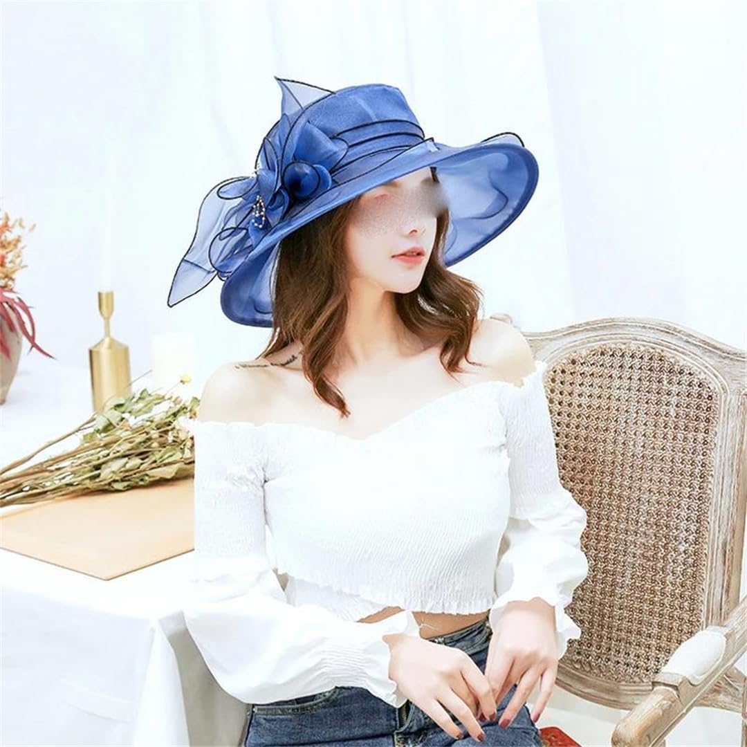 Yeuyyben Cappello da donna elegante con fiocco estivo in organza a tesa larga cappelli per protezione solare per donne chiesa matrimonio spiaggia cappello da sole pieghevole