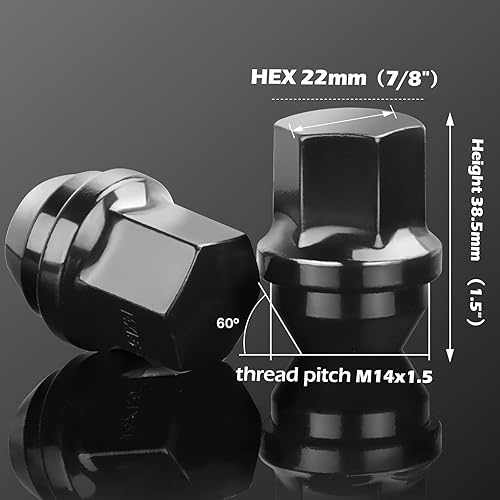 Miniatura 2 de Dynofit - Tuercas para rueda M14x1.5, tuercas OEM color negro hexagonales de 78 pulgadas (22mm), altura 1.5 pulgadas y asiento cónico, 20 unidades