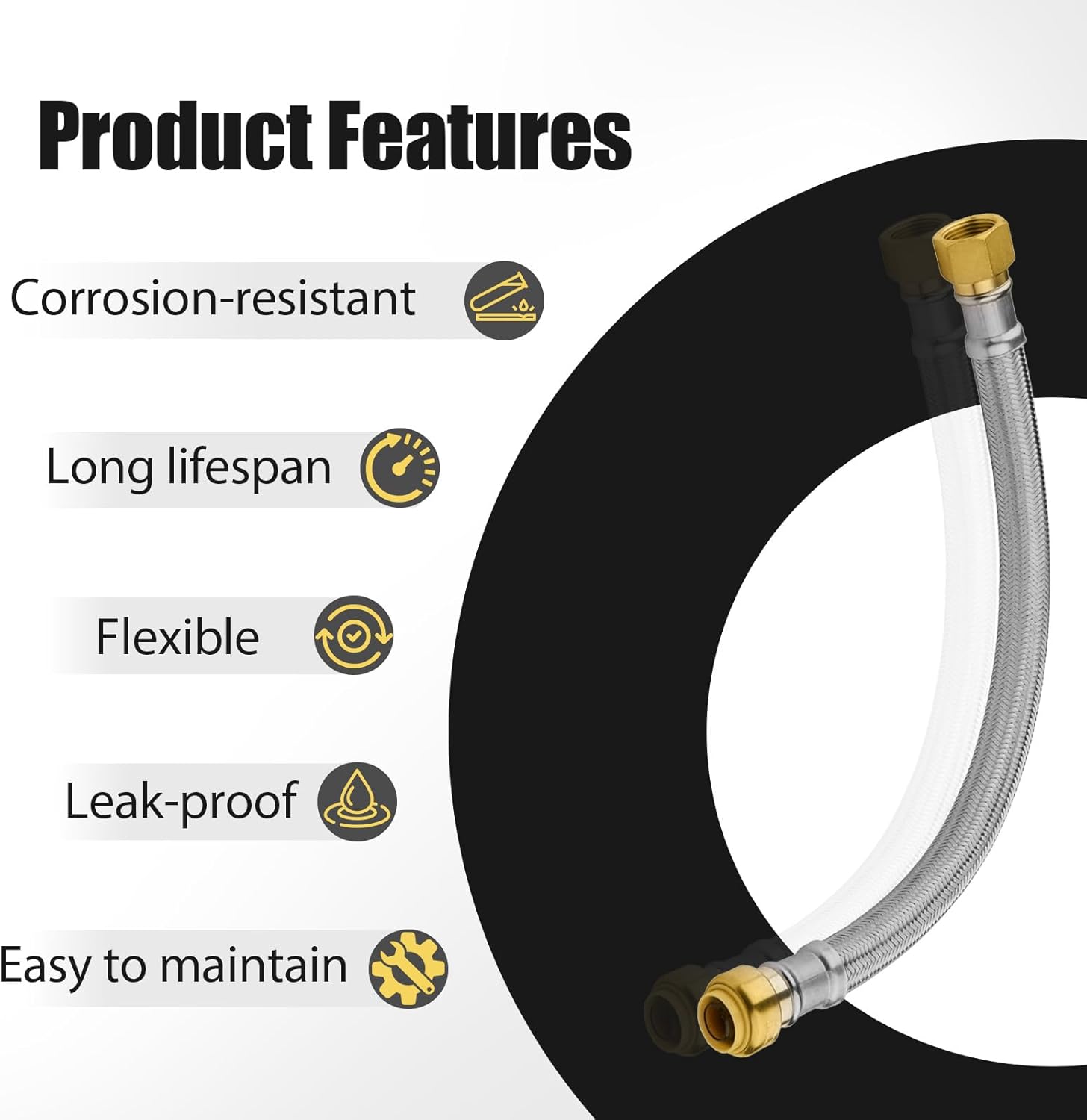 2 Pack Foskan 15-Inch Flexible Water Heater Connector Hose,with 1/2" Push-Fit x 3/4" FIP,Compatible with Copper, PEX, CPVC, and PE-RT Pipes for Water and Heating Use（15" Length）