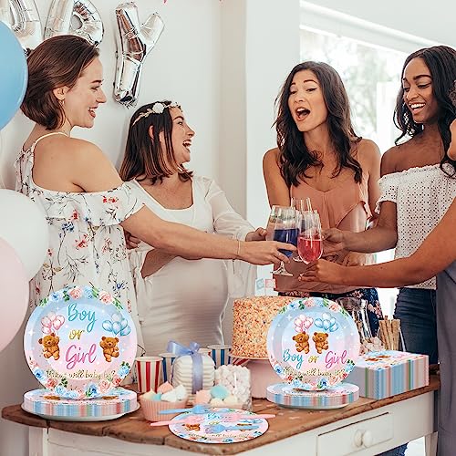 Image of 96 Pieces Bear Gender Reveal Theme Tableware Set for Gender Reveal Party Table Decor Supplies Boy or Girl Dessert Plates Napkins Forks for 24 Guests Pink Blue Bear Baby Shower Disposable Party Favors