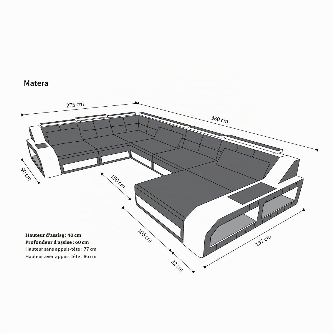 Sofa Dreams Canapé en Tissu Mega Intérieur de la Maison Matera XXL Forme canapé en Tissu Canapé rembourré avec LED