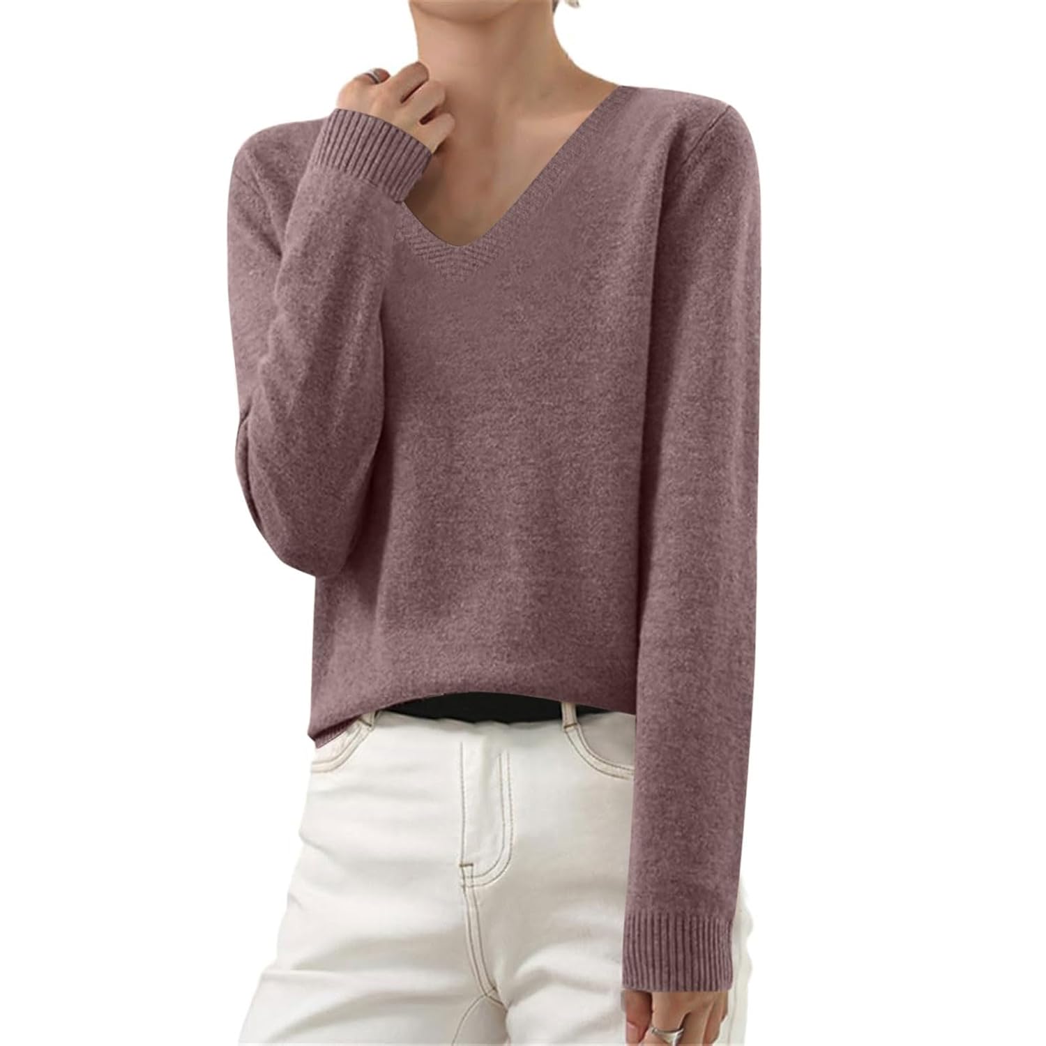 V Neck Sweaters for Women Knitted Cotton Casual Pullover Tops Long Sleeve Cozy Loose Fit Solid Fashion Outfits