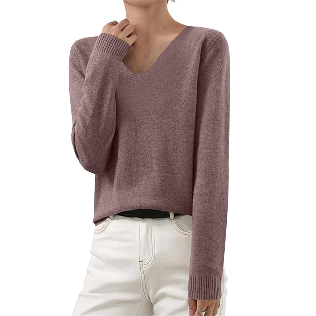 V Neck Sweaters for Women Knitted Cotton Casual Pullover Tops Long Sleeve Cozy Loose Fit Solid Fashion Outfits