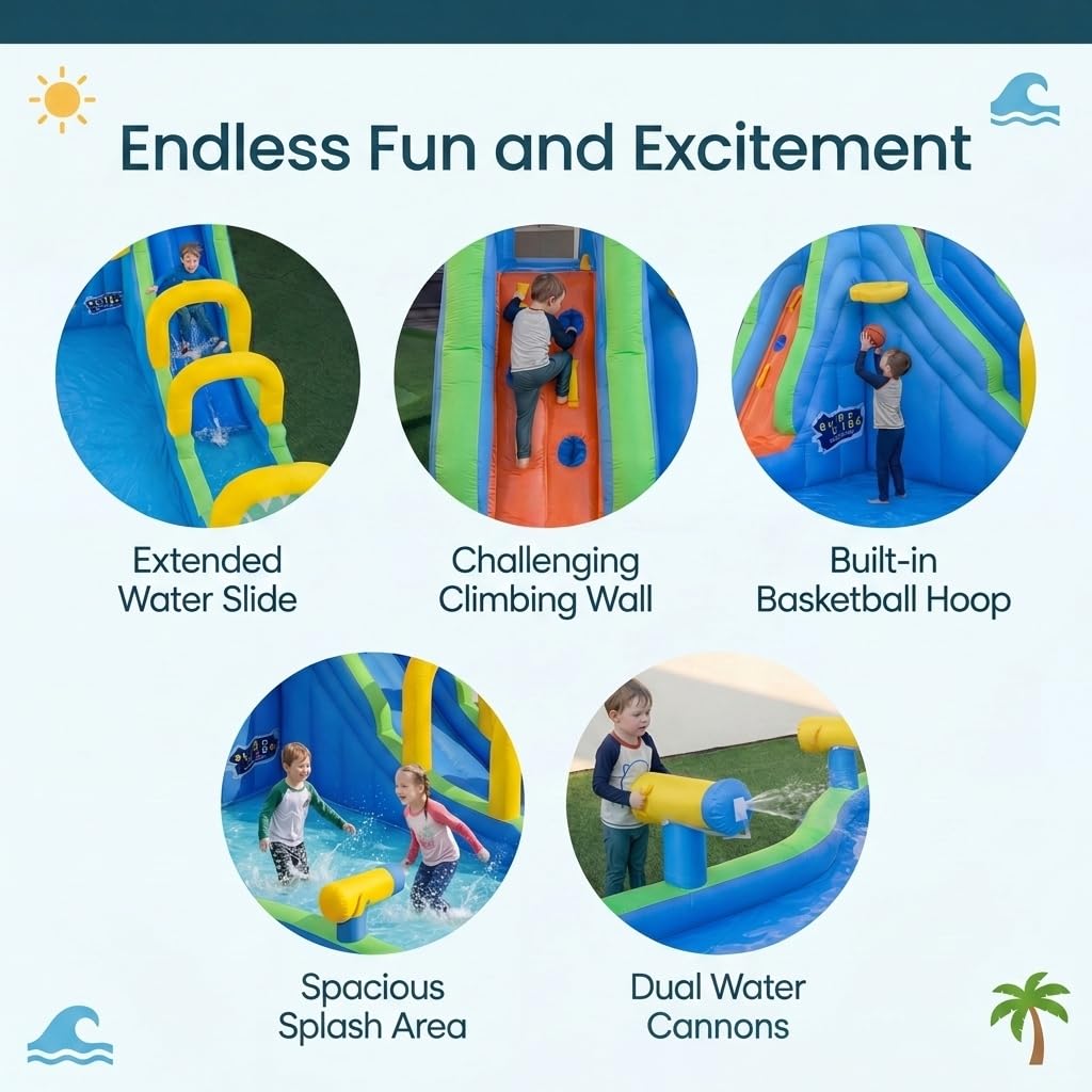 GIANTEX Castillo Hinchable Acuatico, con Tobogán Seco/Acuático, Roca de Escalada, Canasta de Baloncesto, Piscina y 2 Cañones de Agua, Castillo Hinchable Grande para Exterior, 465 x 345 x 242 cm